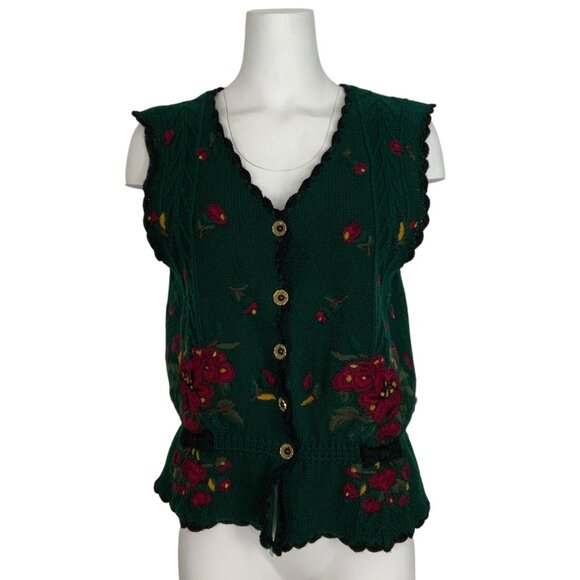 The Eagle's Eye Vintage Wool Sweater Vest M Green Floral Peplum Heritage Holiday - Picture 1 of 14